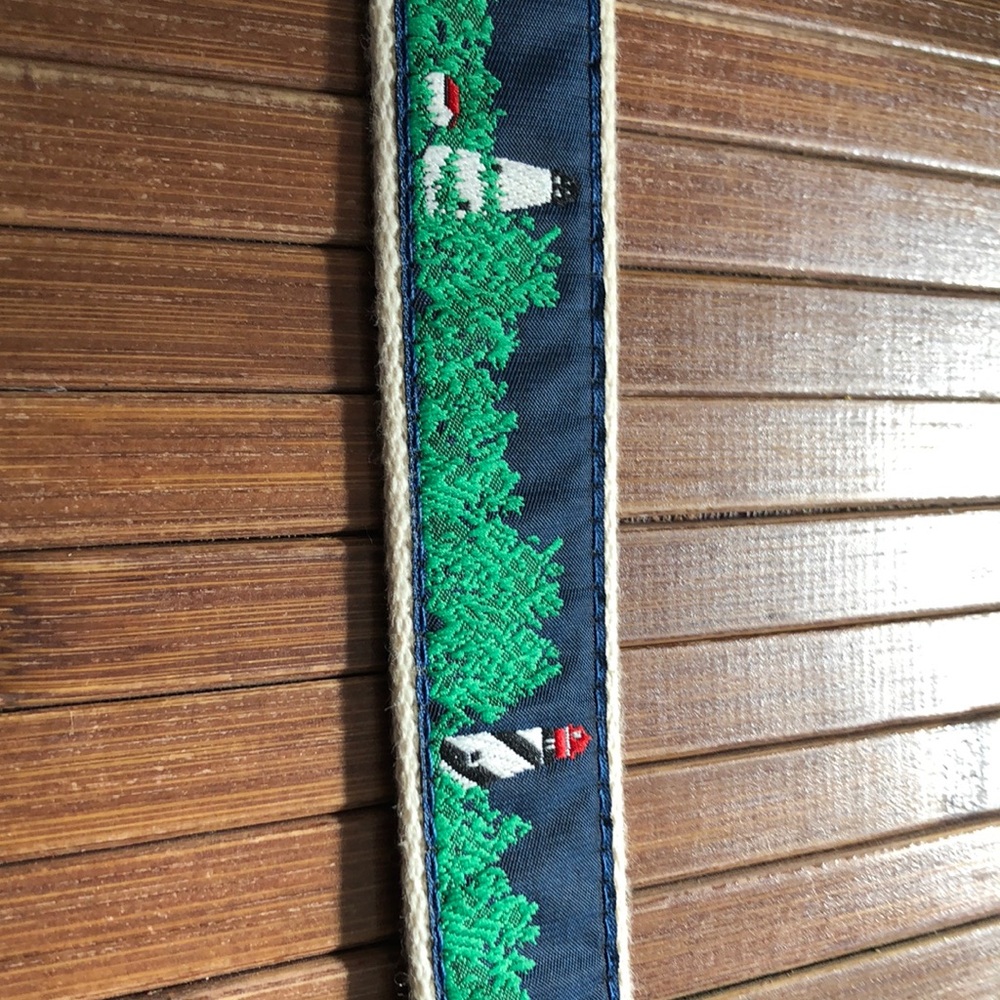 Handmade belt men’s with light houses  38.5 inches long likenew brass buckle USA